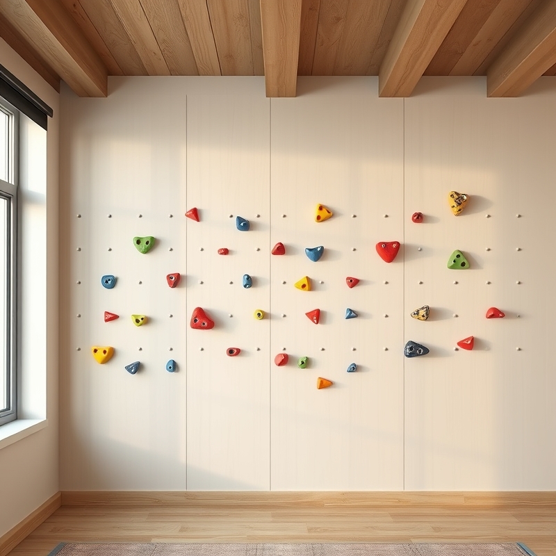 Colorful climbing holds mounted on bedroom wall