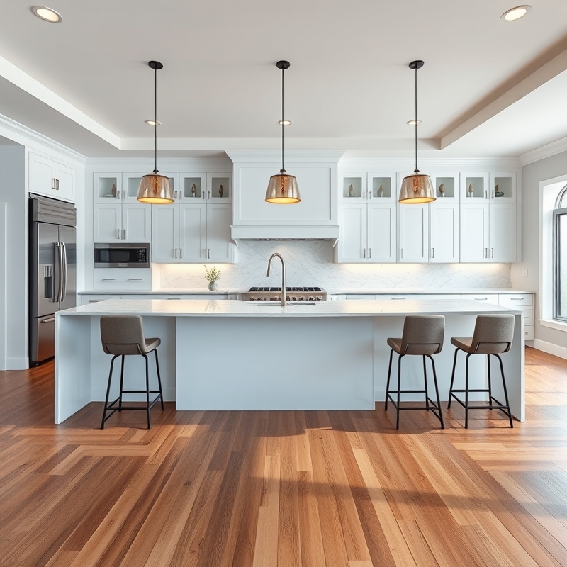 Large island with tall counter stools on one side and lower dining stools on the other