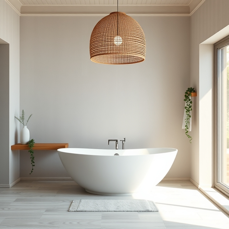 Woven rattan pendant lamp hanging above white soaking tub with warm ambient glow