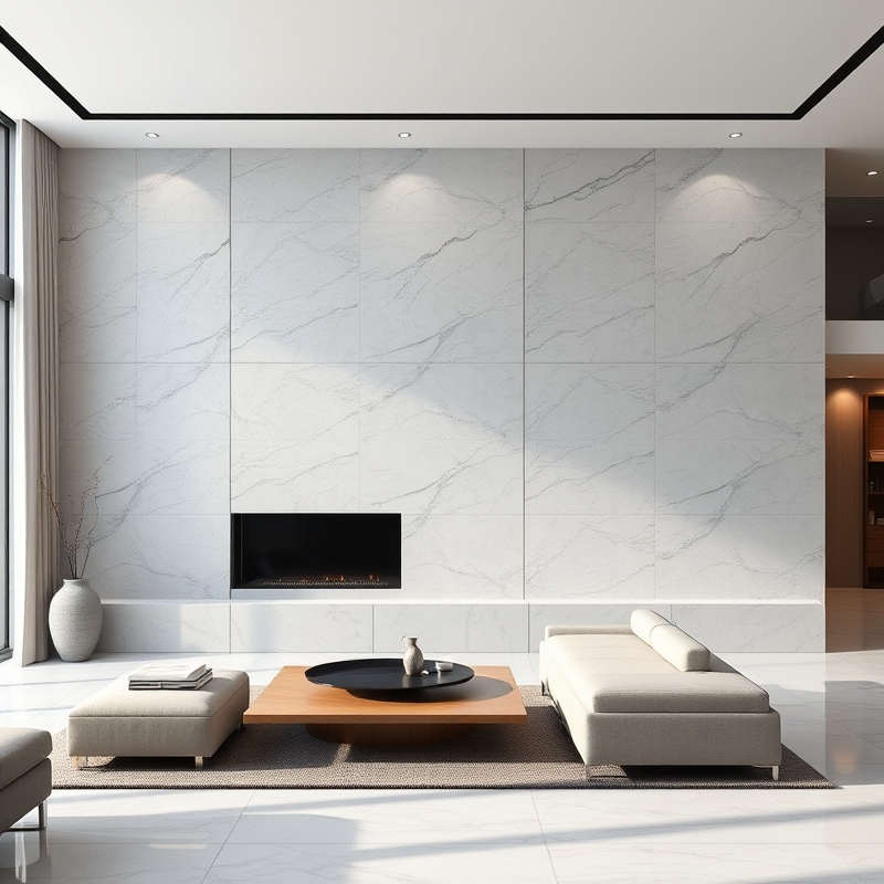 Large porcelain tile covering entire fireplace TV wall