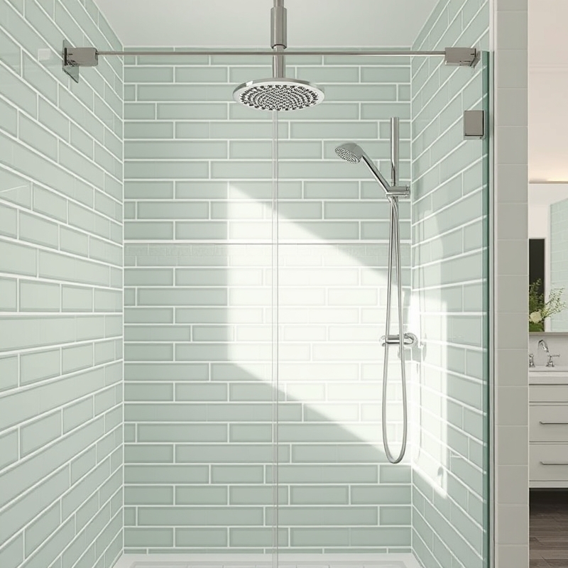 Shower enclosure with sage green subway tiles and white grout