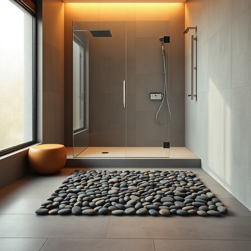 Natural pebble bath mat on bathroom floor