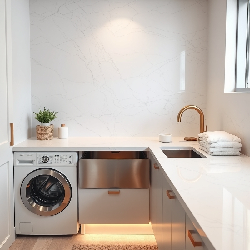 Veined white marble contact paper covering laundry room countertop