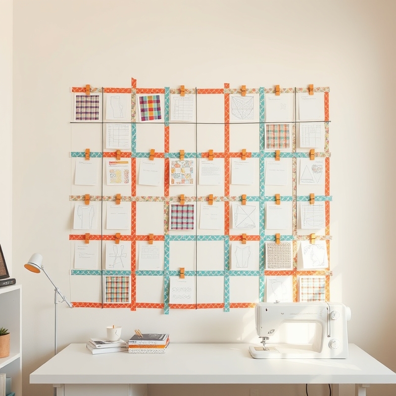 Wall with colorful washi tape grid holding fabric swatches and sketches