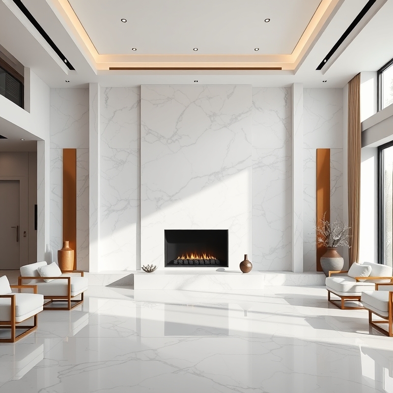 White marble fireplace wall with recessed TV space
