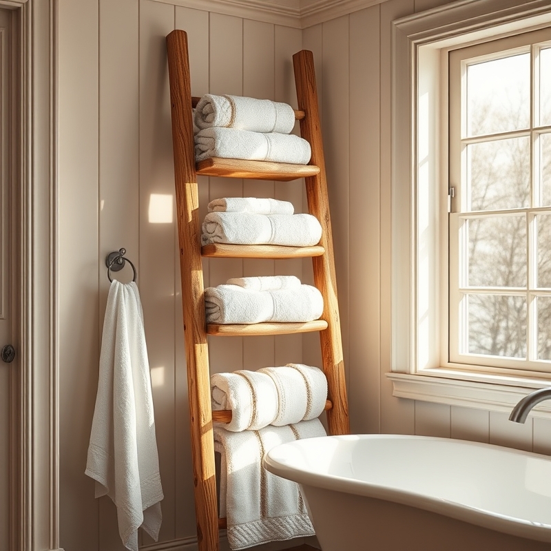 Rustic wooden ladder rack draped with rolled white bath towels and hand towels