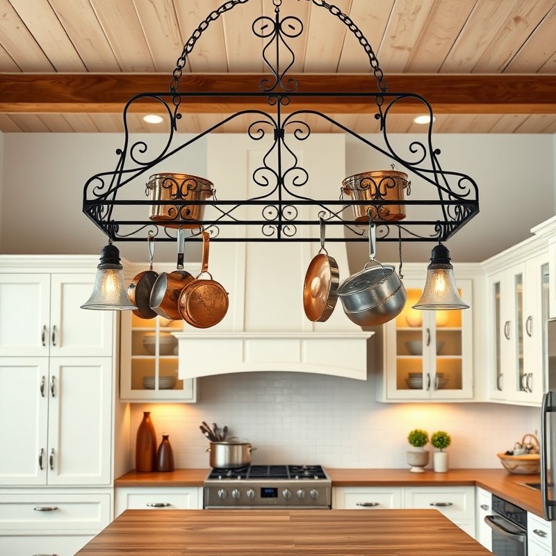 Wrought iron pot rack suspended above island with copper cookware