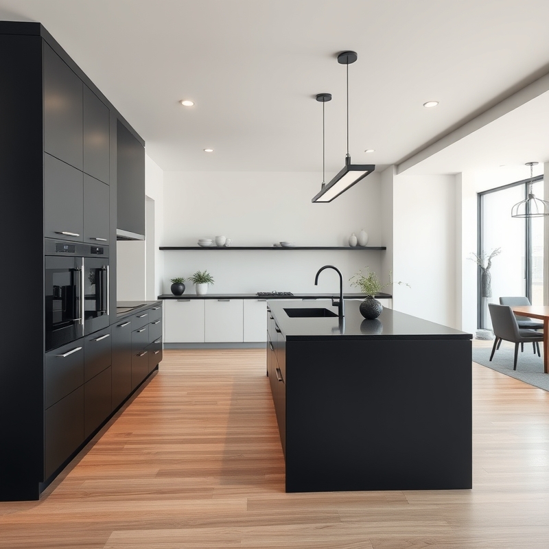 Sleek matte black island with minimalist design and polished hardware
