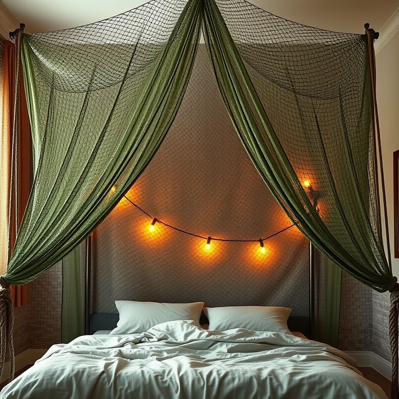 Camo net draped above bed creating enclosed space