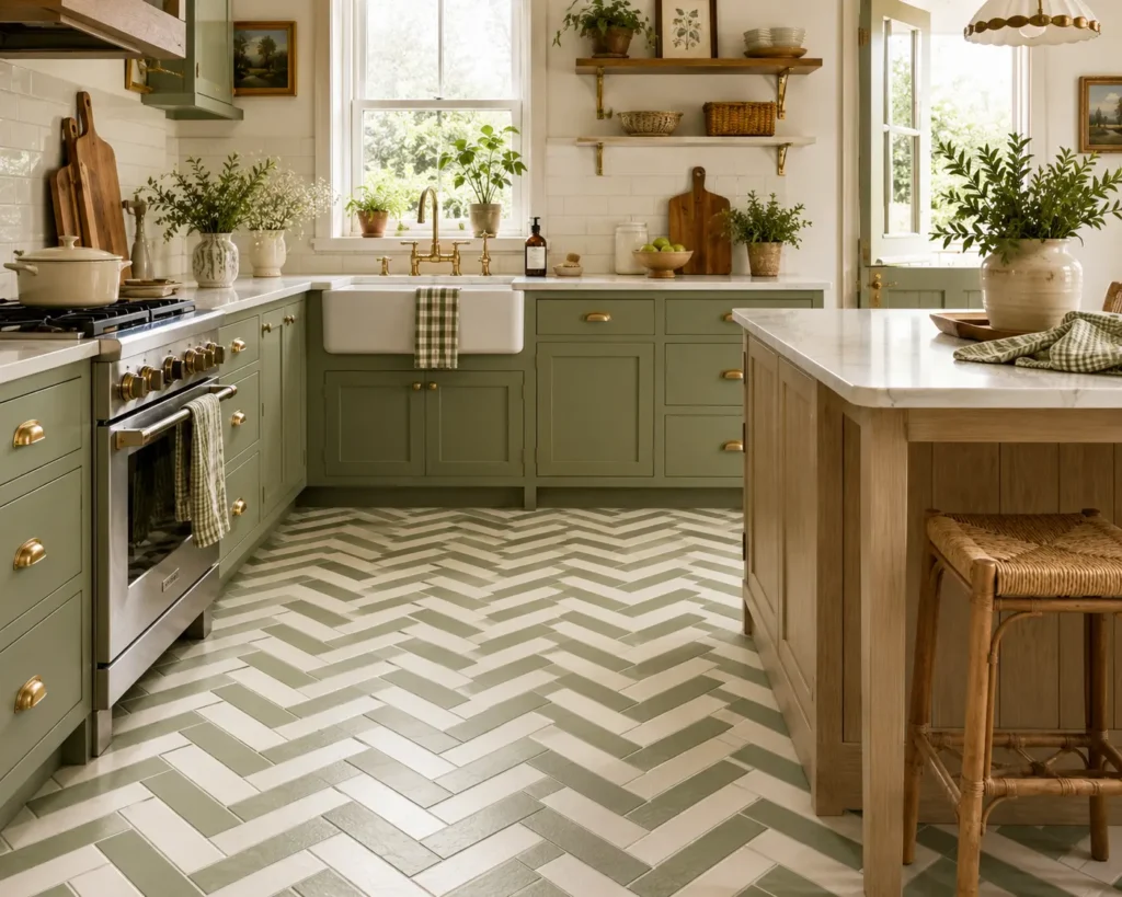 Kitchen floor with sage green and white herringbone tile pattern