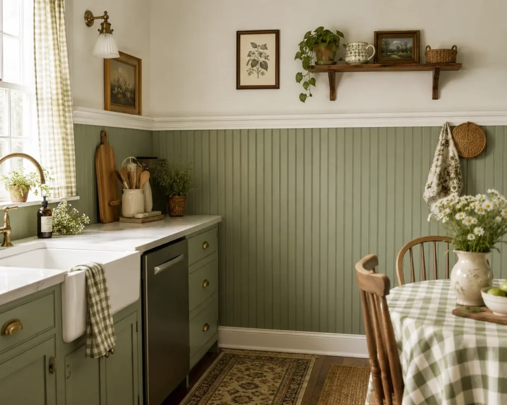 Cottage kitchen with sage green beadboard wainscoting and white trim