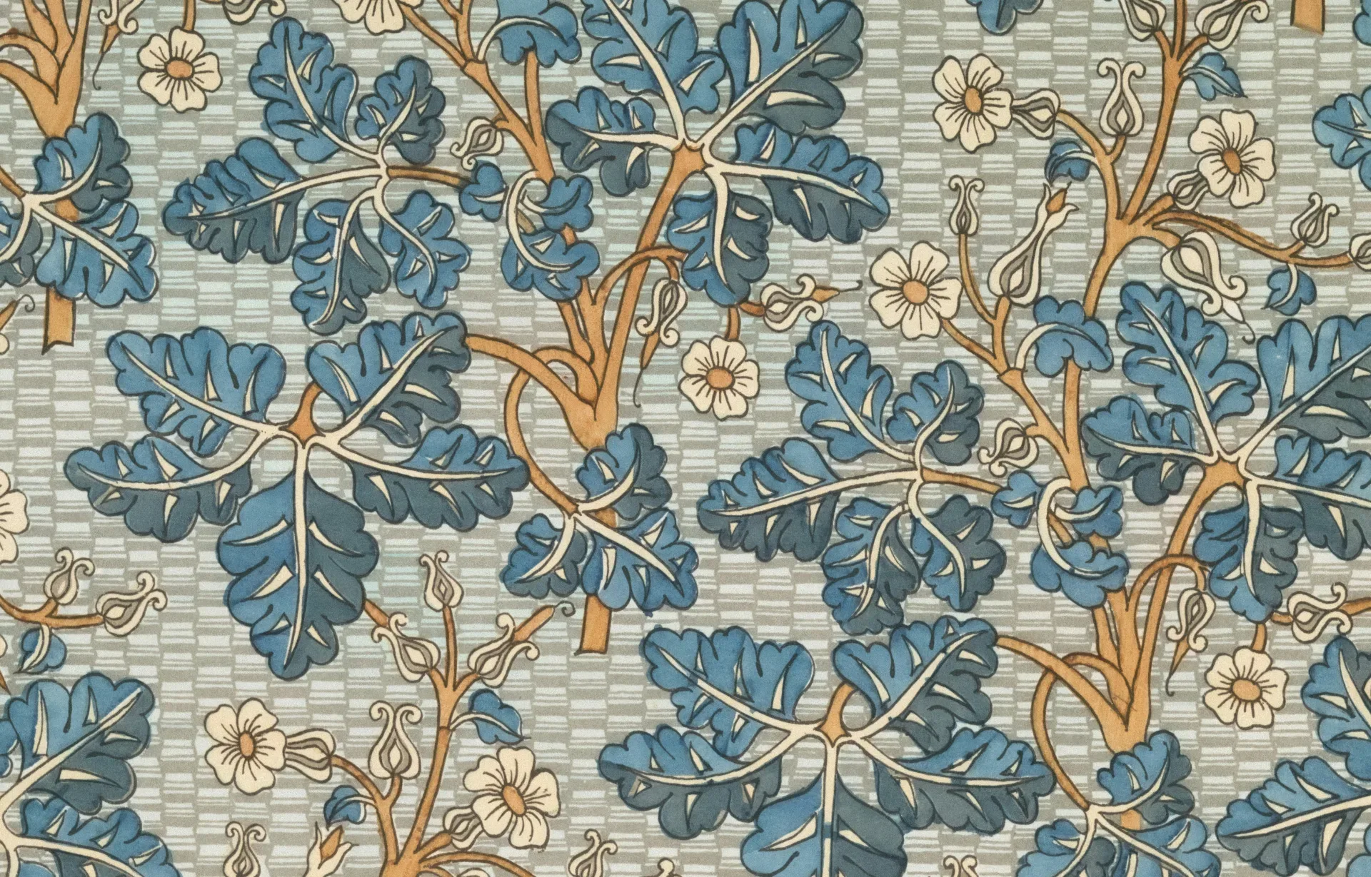 Blue leaves and white flowers on a brick pattern background