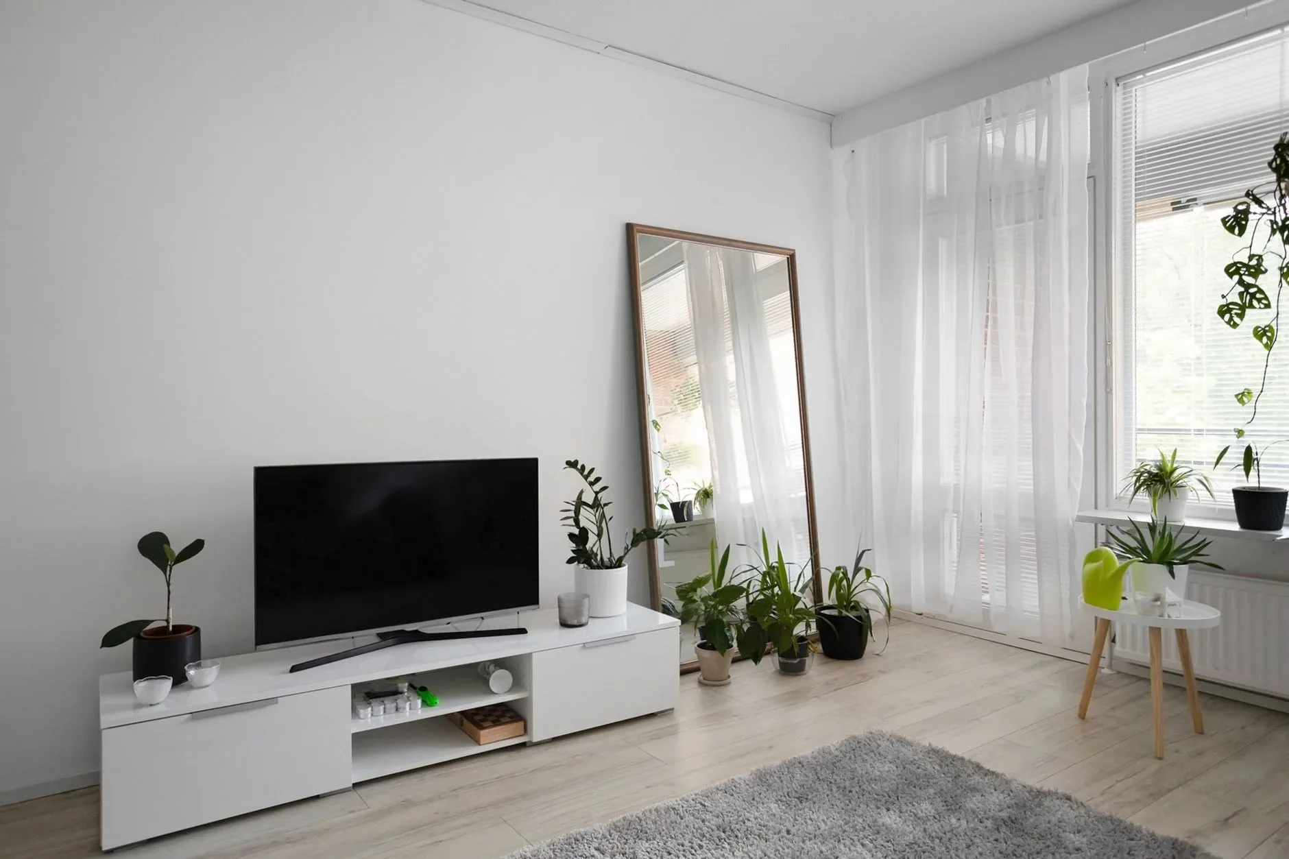 Bright and airy living room with minimal decor, featuring plants and neutral tones.