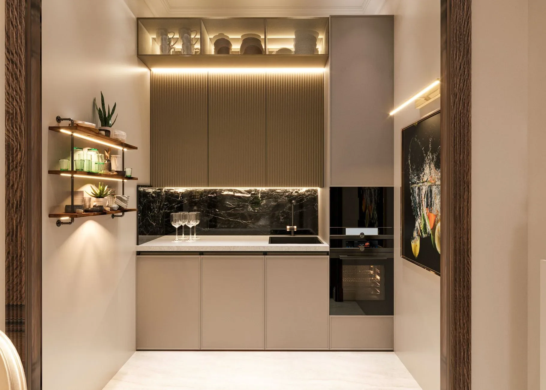 Contemporary kitchen design showcasing modern appliances and ambient LED lighting.