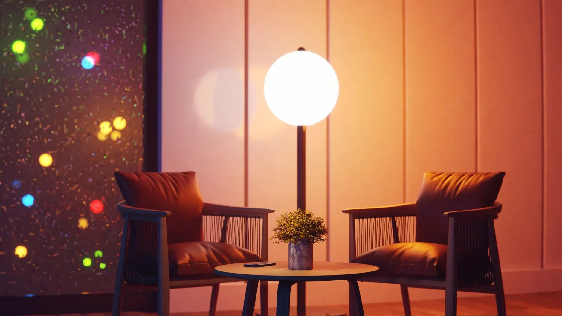 Contemporary seating area with ambient lighting, perfect for a relaxing evening.