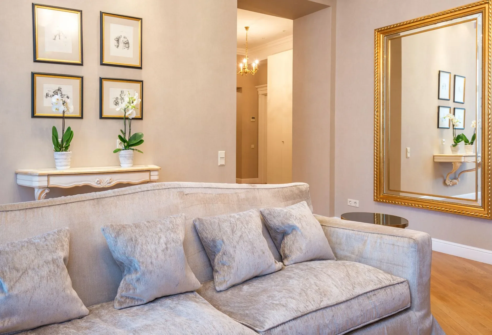 Interior of big couch with cushions placed against shelf with blooming orchids under pictures hanging on painted wall