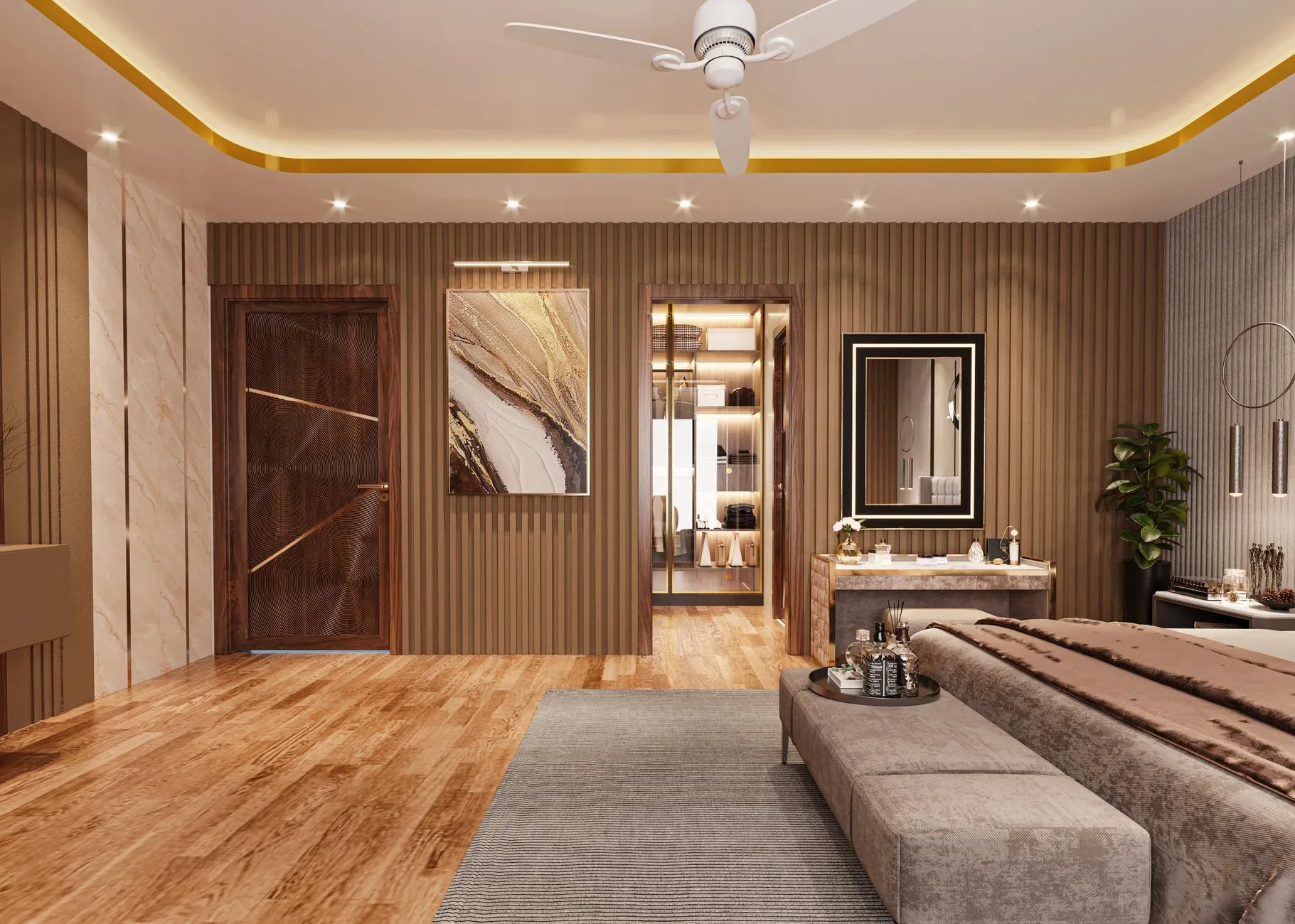 Luxurious modern bedroom featuring warm tones, elegant furnishings, and sophisticated decor. Perfect for interior design inspiration.