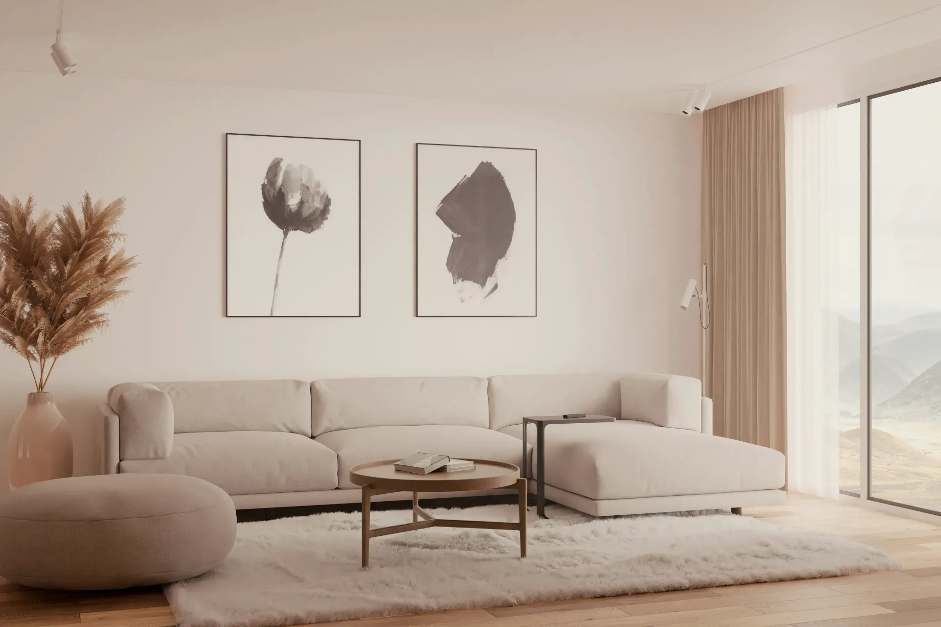 Modern living room with beige sectional sofa and art.