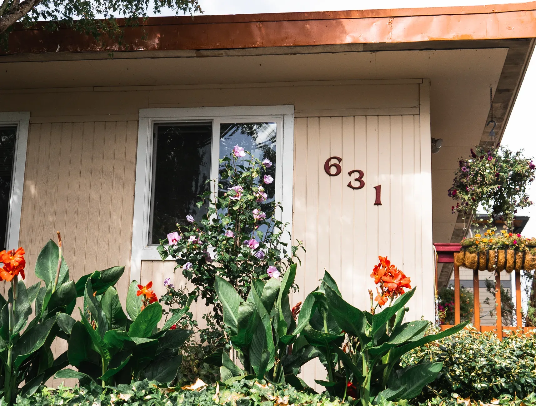 Vibrant garden blooms enhancing the curb appeal of a wooden house.