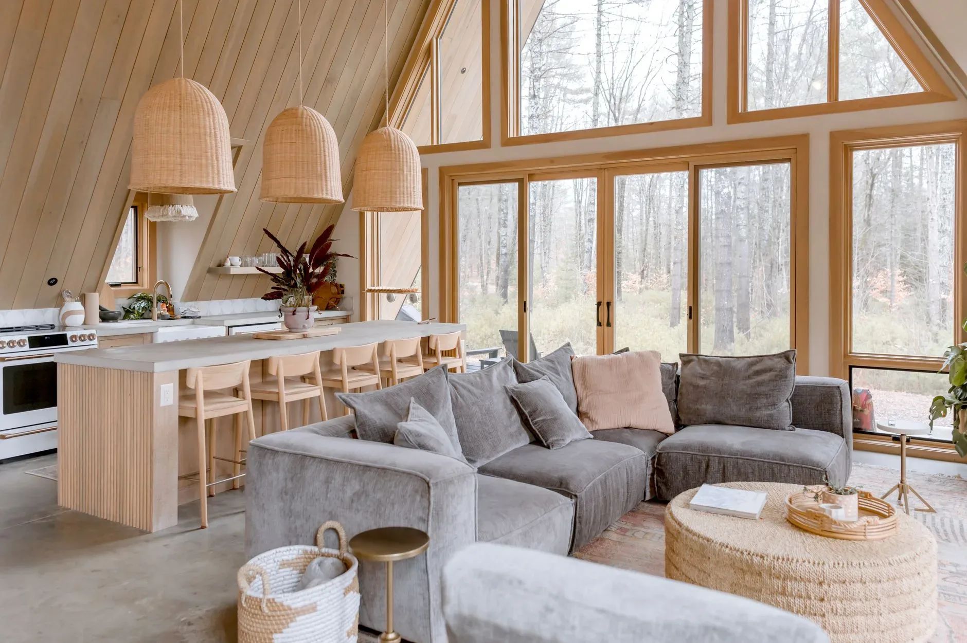 Warm and inviting modern cabin interior featuring a stylish open kitchen and living area.