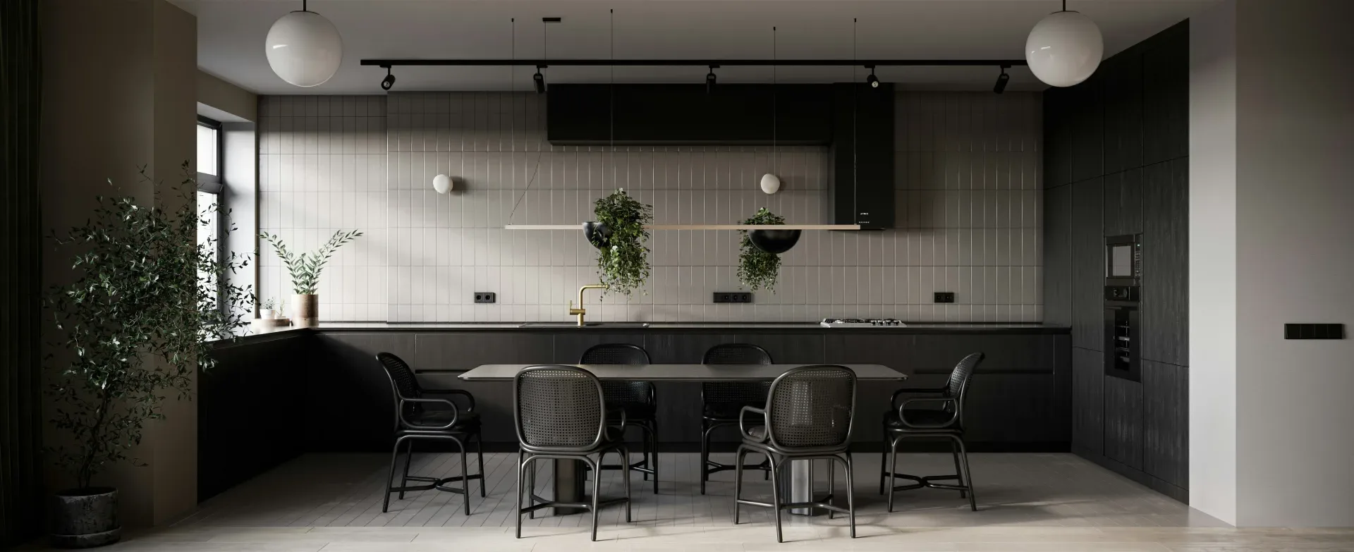 a dining room with a table and chairs