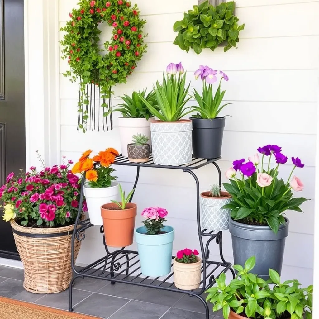 A Tiered Plant Stand Filled With Spring Pots home entrance