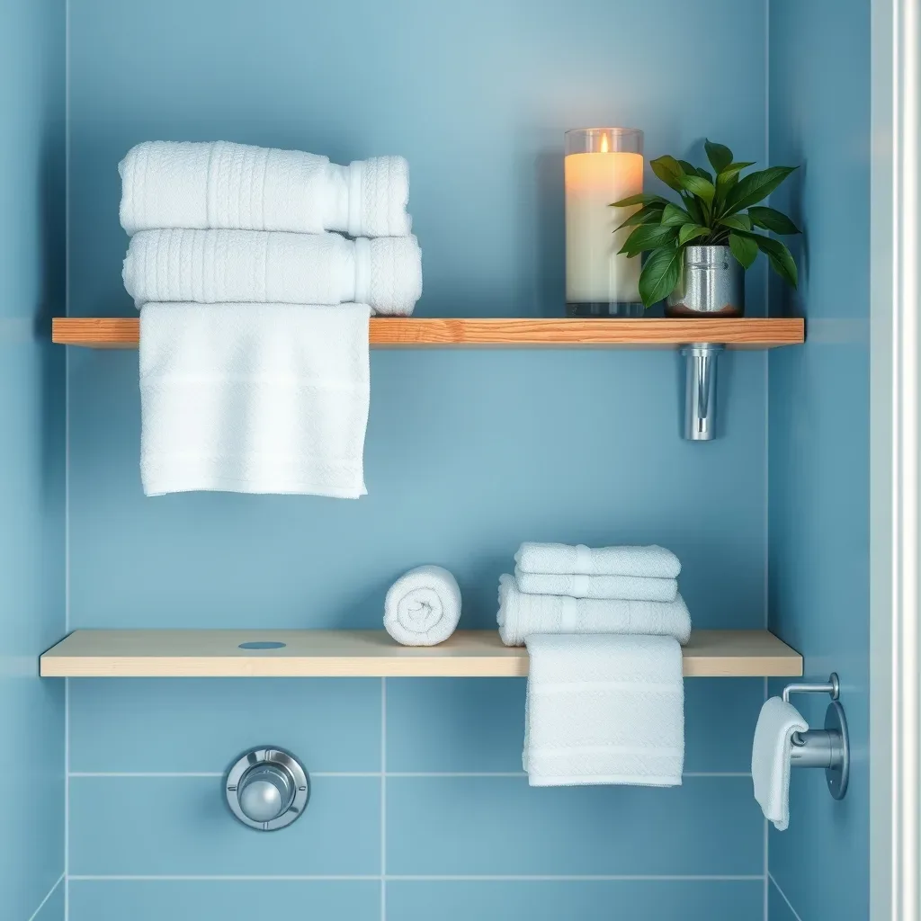 bathroom open shelf styled towels plant candle spa aesthetic blue