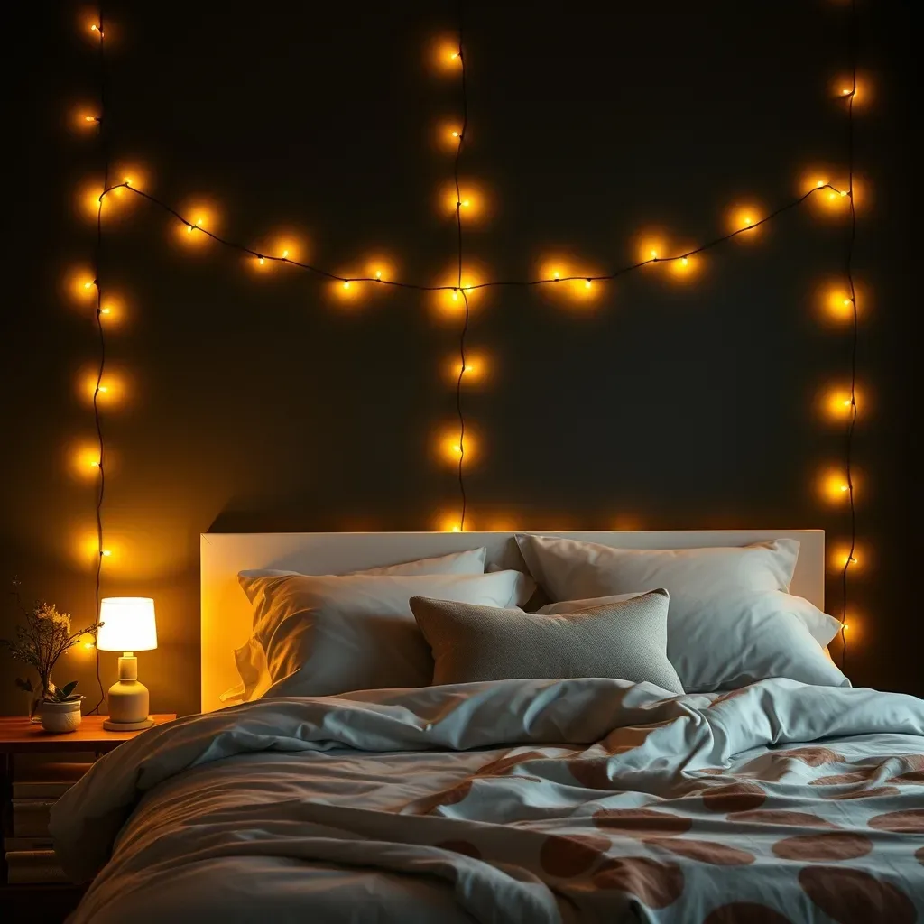 bedroom string lights behind headboard dark wall warm glow golden