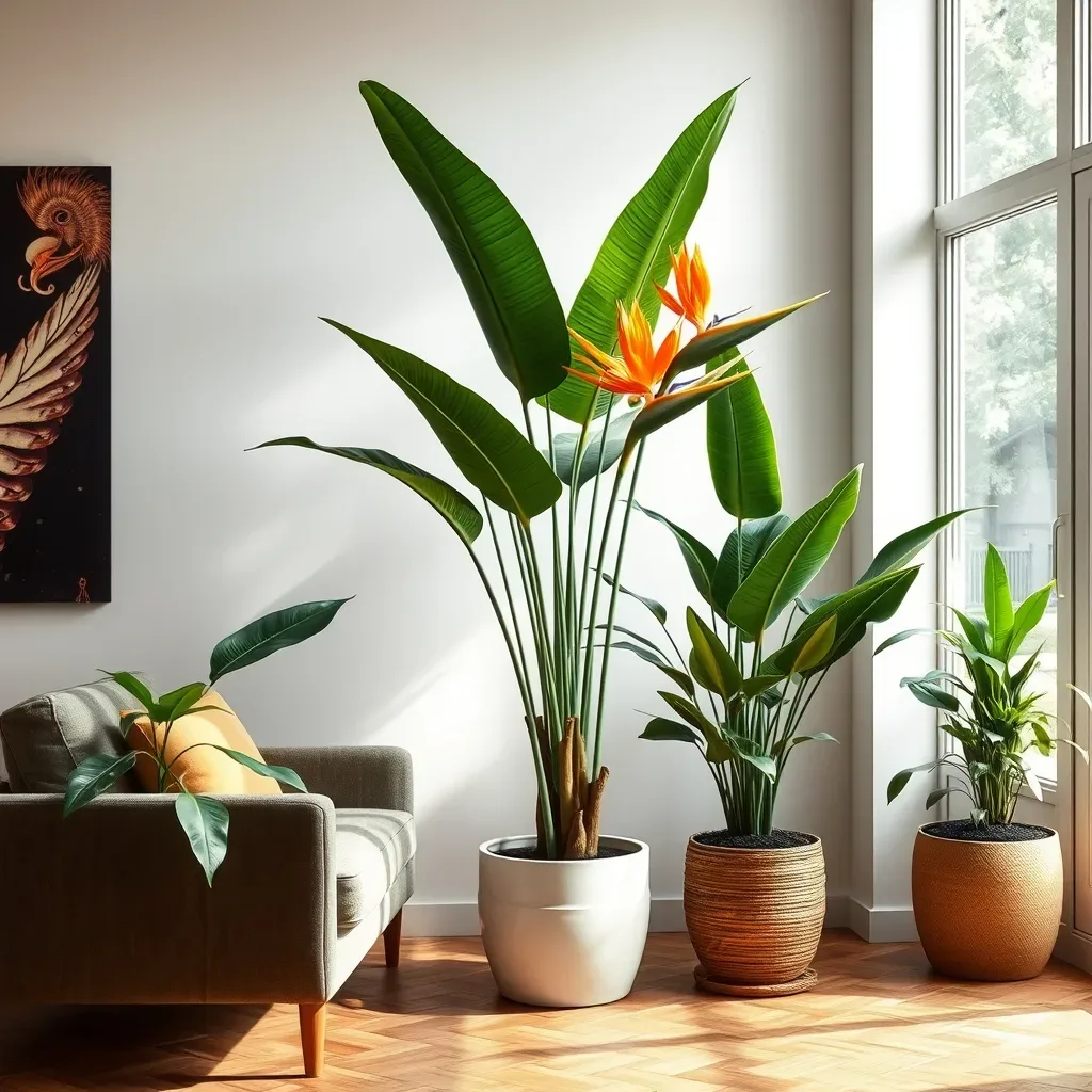 bird of paradise indoor plant tropical dramatic living room