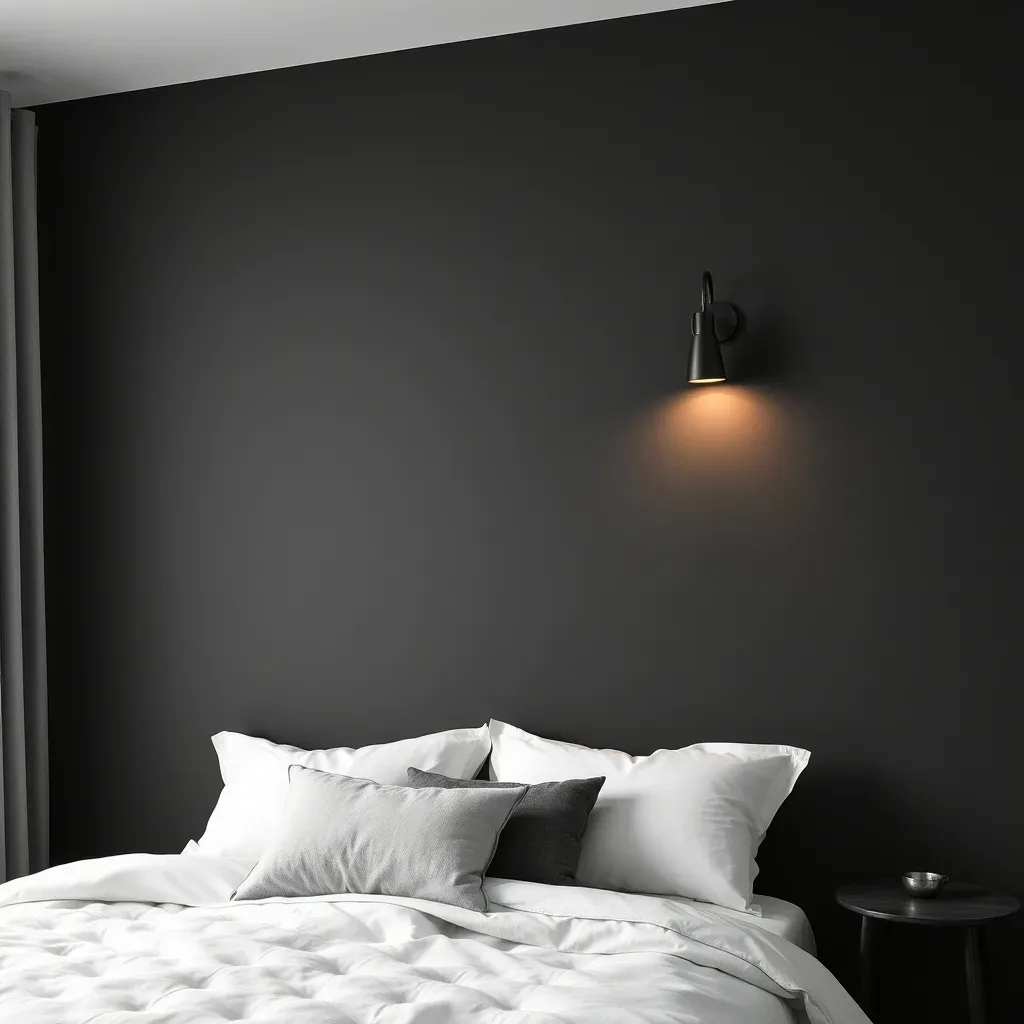 black bedroom one light wall contrast balance moody elegant