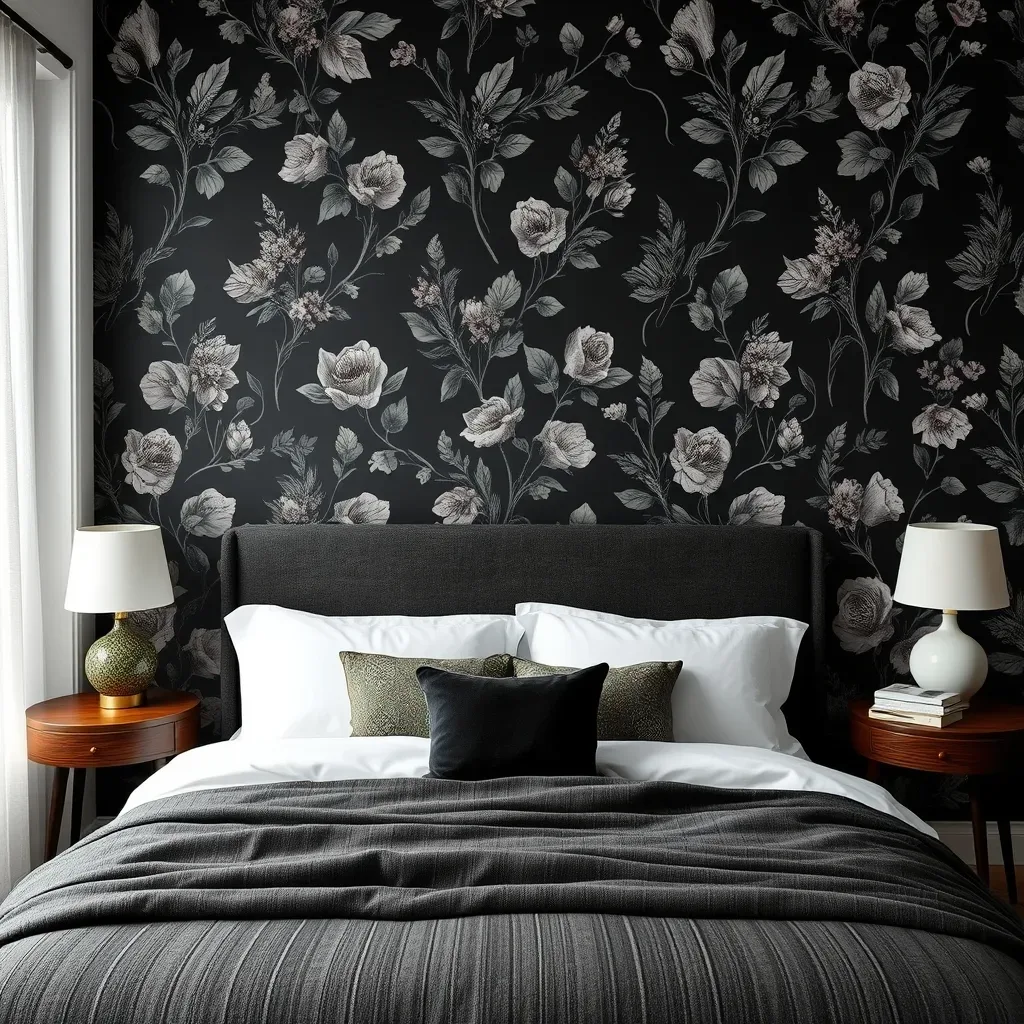 black botanical wallpaper bedroom dark pattern behind bed