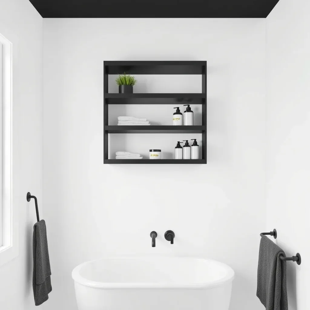 black floating shelves white bathroom wall organized minimal