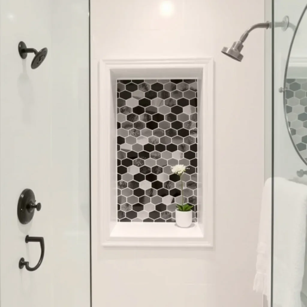 black penny tile accent white bathroom shower niche