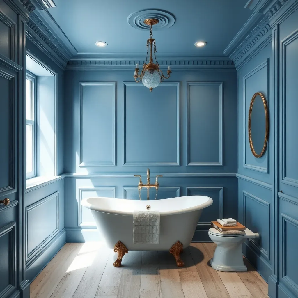 blue colour drench bathroom walls ceiling woodwork tonal serene