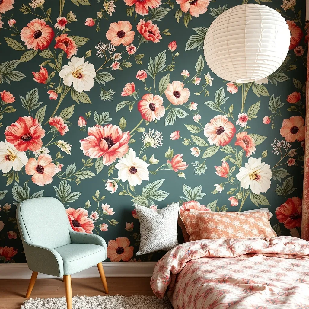 botanical floral wallpaper kids room accent wall