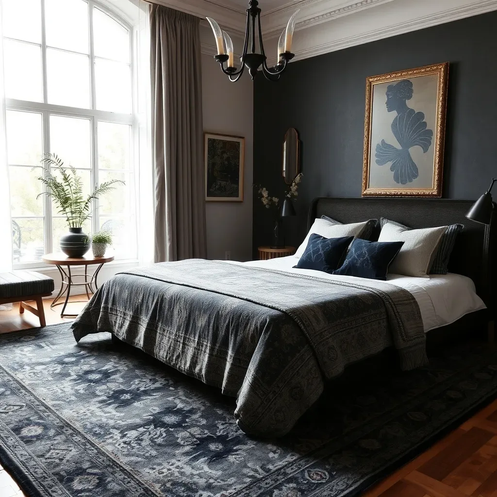 dark patterned rug bedroom black charcoal vintage Persian