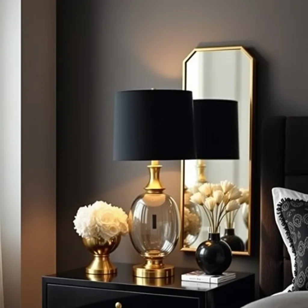 gold brass accents black bedroom lamp mirror vase warm