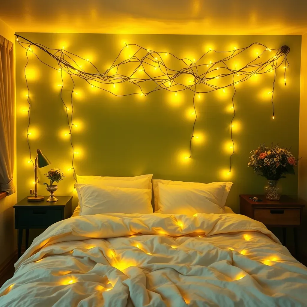 bedroom string fairy lights warm golden glow