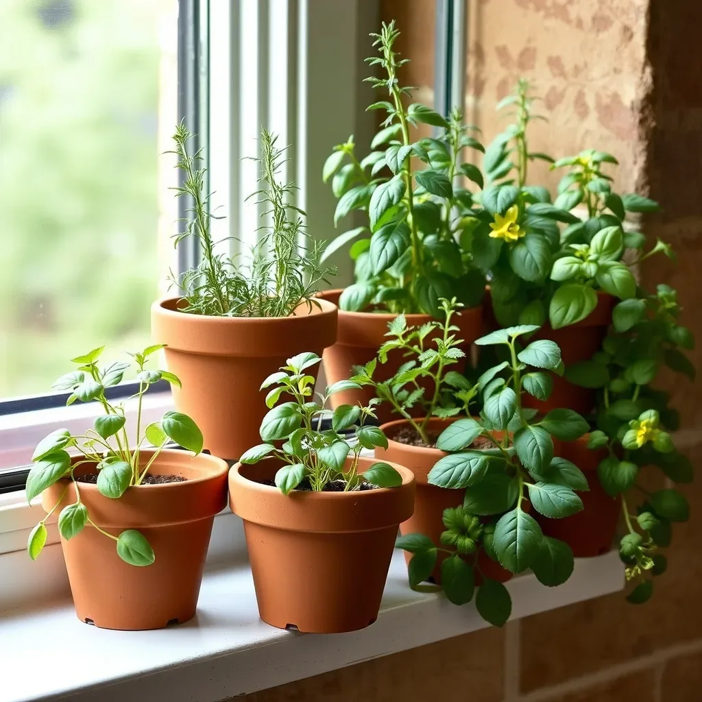 kitchen herb window garden small pots terracotta basil rosemary