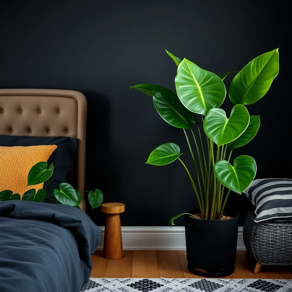 monstera rubber plant dark bedroom black pot moody green