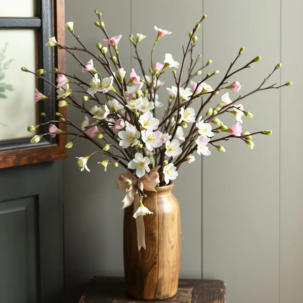 spring blossom branches tall vase rustic natural foraged