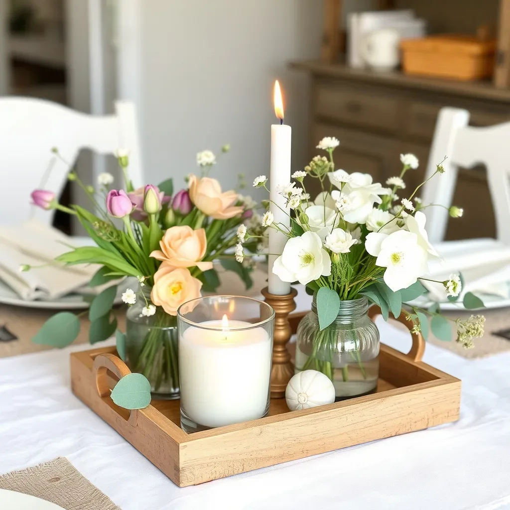 spring table vignette rustic flowers candle natural tray