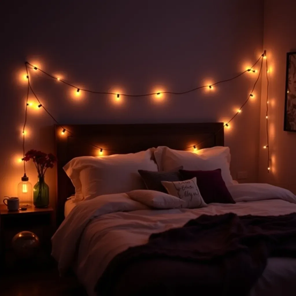 string lights dark boho bedroom warm amber glow fairy lights