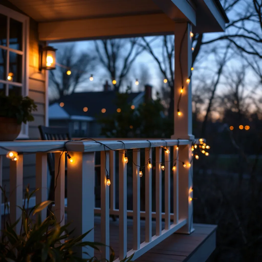 string lights front porch railing spring evening warm outdoor