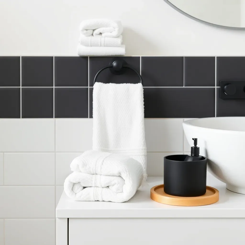 white towels matte black bathroom accessories minimalist