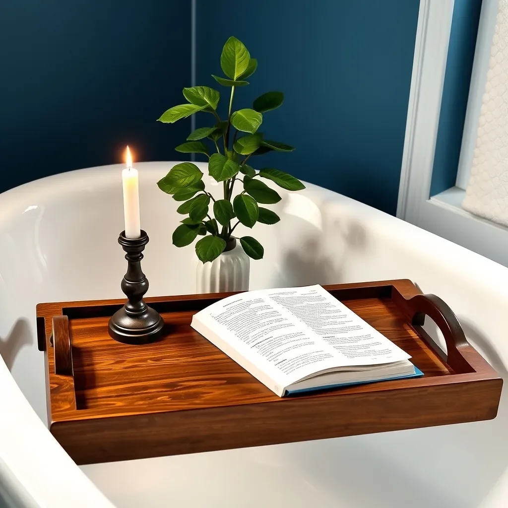 wooden bath tray across tub candle book plant spa blue bathroom