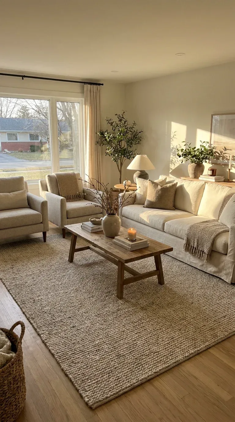A cozy living room with a large neutral jute and wool blend area rug anchoring the seating area, a linen sofa and two armchairs arranged around a wooden coffee table all sitting on the rug, warm afternoon light, organic modern interior, Pinterest home aesthetic, photorealistic, 4K