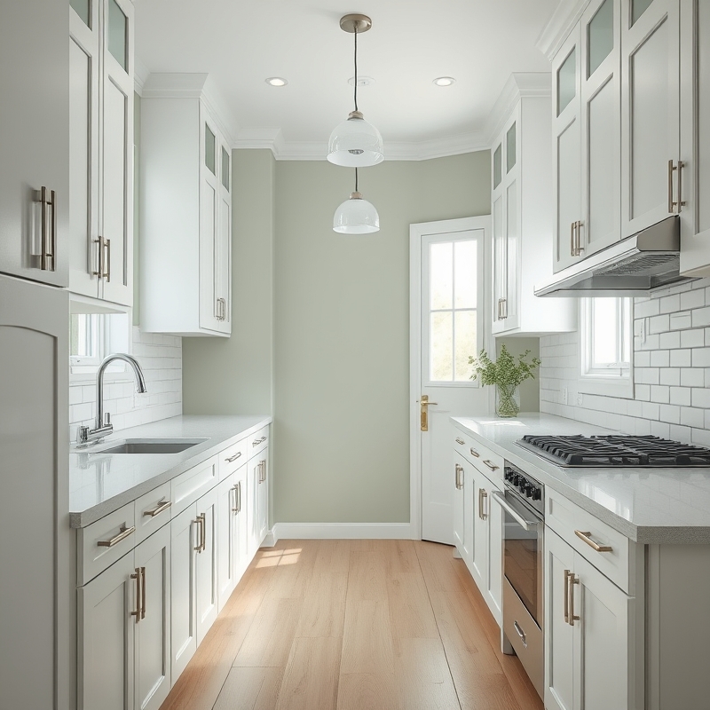 Narrow galley kitchen with soft sage walls and white cabinetry