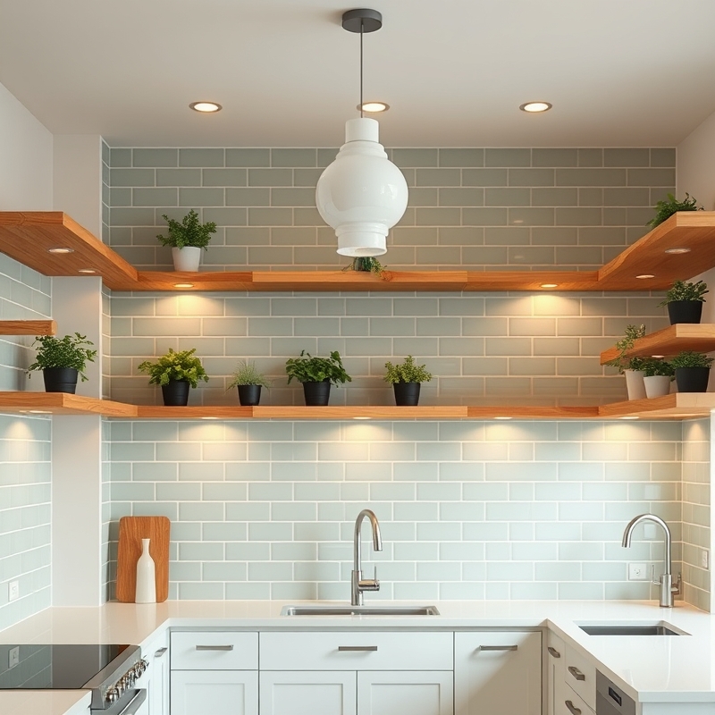 Kitchen with open shelving and sage green subway tile backsplash
