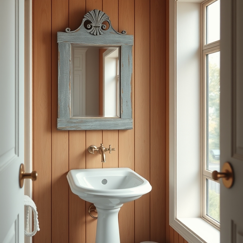Weathered wood mirror frame above white pedestal sink